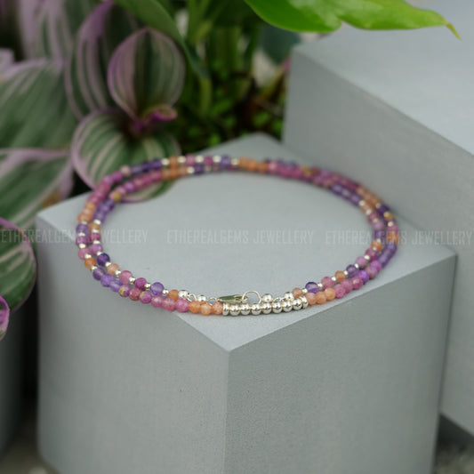 3mm Tiny Gemstone Necklace, Summer necklace, Pink Purple Orange Necklace, Pink Tourmaline Lepidolite Sunstone necklace, Love gemstone