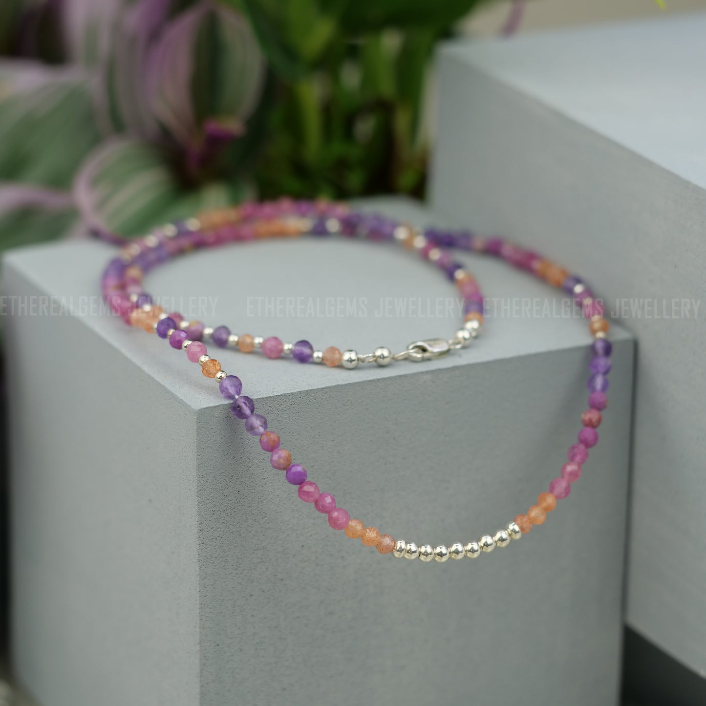 3mm Tiny Gemstone Necklace, Summer necklace, Pink Purple Orange Necklace, Pink Tourmaline Lepidolite Sunstone necklace, Love gemstone