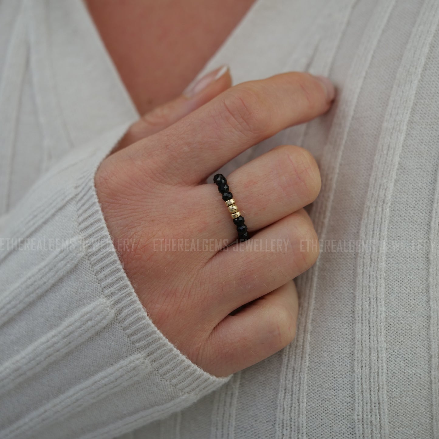 Black Tourmaline 3mm Beaded Natural Gemstone Sterling Silver/14ct Gold Filled Elastic Ring, Genuine Top Grade Gift Jewelry, Women Jewellery