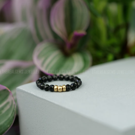 Black Tourmaline 3mm Beaded Natural Gemstone Sterling Silver/14ct Gold Filled Elastic Ring, Genuine Top Grade Gift Jewelry, Women Jewellery