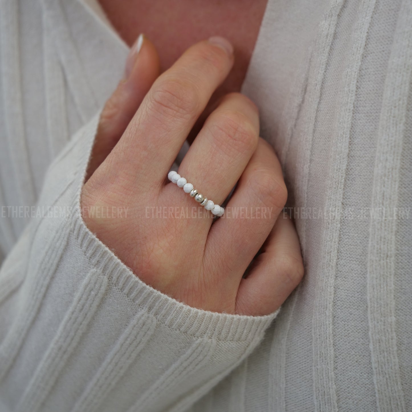 Howlite 3mm Beaded Natural Gemstone Sterling Silver/14ct Gold Filled Elastic Ring, Genuine Top Grade Gift Jewelry, Women Fashion Jewellery