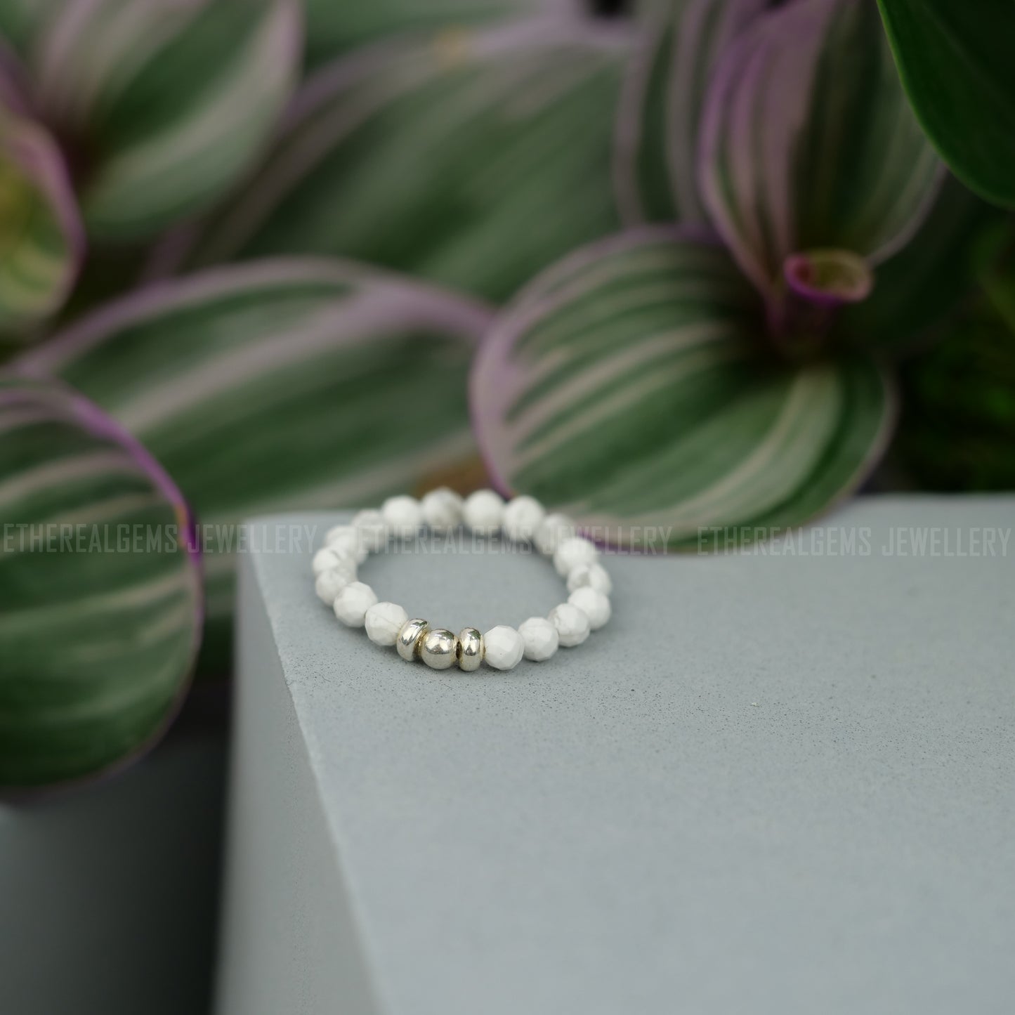 Howlite 3mm Beaded Natural Gemstone Sterling Silver/14ct Gold Filled Elastic Ring, Genuine Top Grade Gift Jewelry, Women Fashion Jewellery