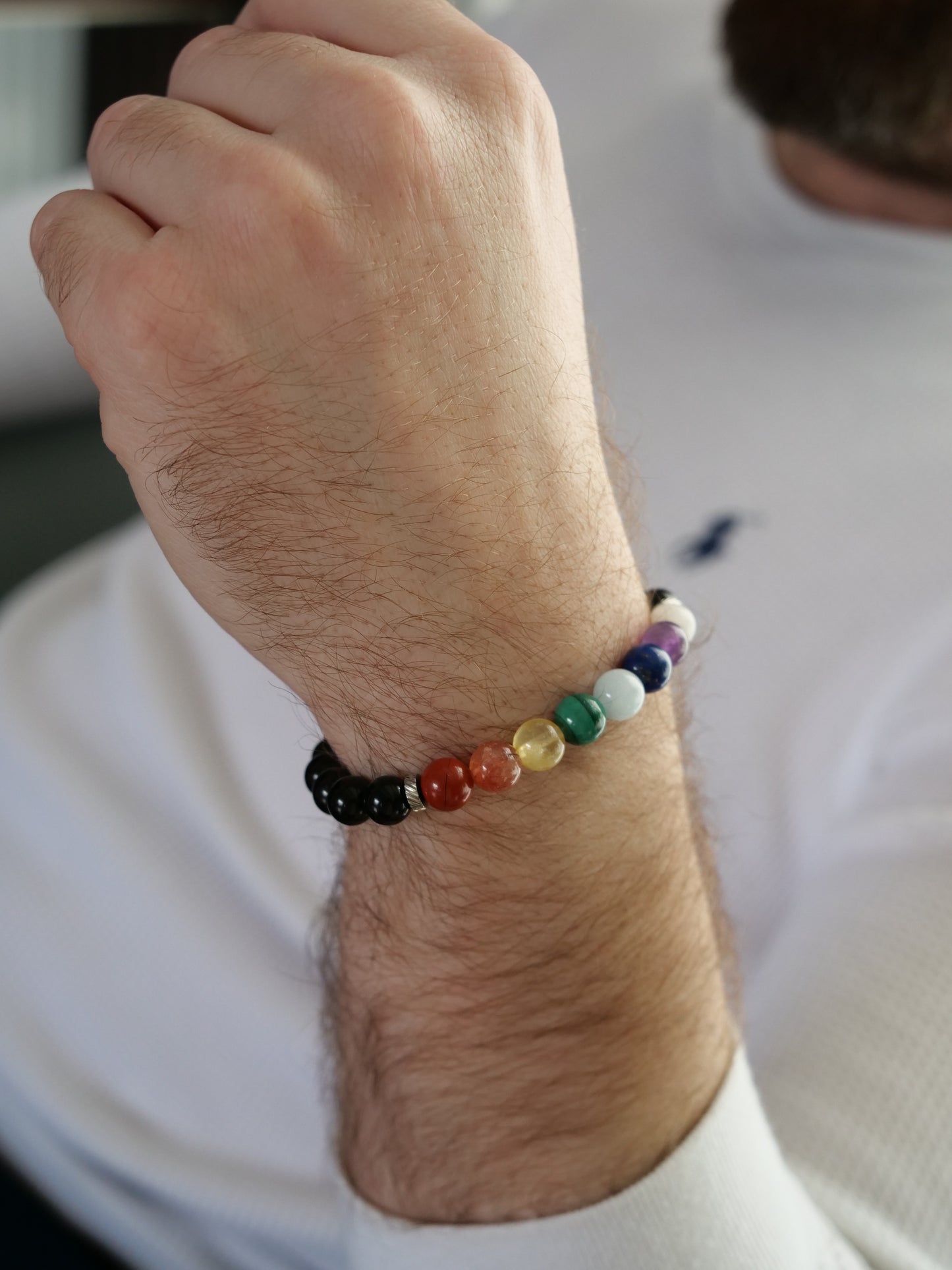 Chakra 8 Stone Black Onyx 8mm Beaded Natural Gemstone Elastic Bracelet, Genuine Top Grade Gift Jewelry, Men Women Fashion Crystal Energy Jewellery