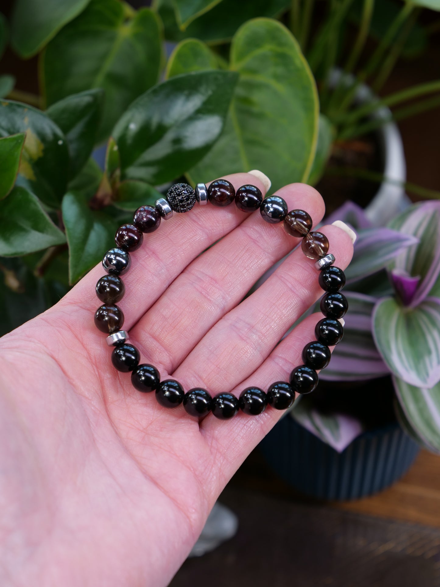 Almandine Garnet Hematite Smoky Quartz Black Tourmaline 8mm Beaded Natural Gemstone Elastic Bracelet, Genuine Top Grade Gift Jewelry, Men Women Fashion Crystal Energy Jewellery