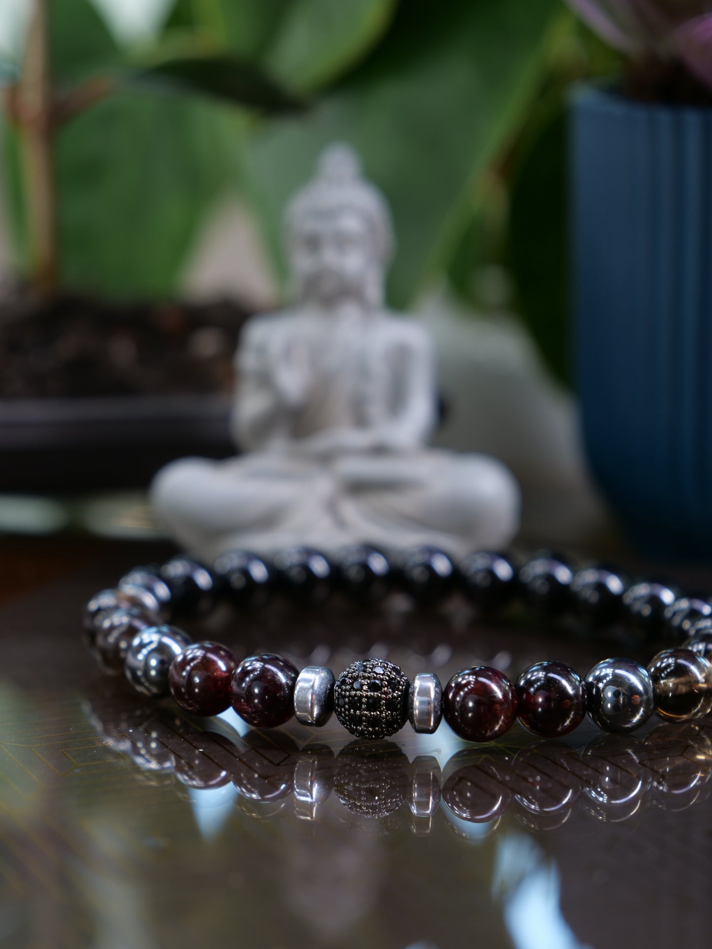 Almandine Garnet Hematite Smoky Quartz Black Tourmaline 8mm Beaded Natural Gemstone Elastic Bracelet, Genuine Top Grade Gift Jewelry, Men Women Fashion Crystal Energy Jewellery