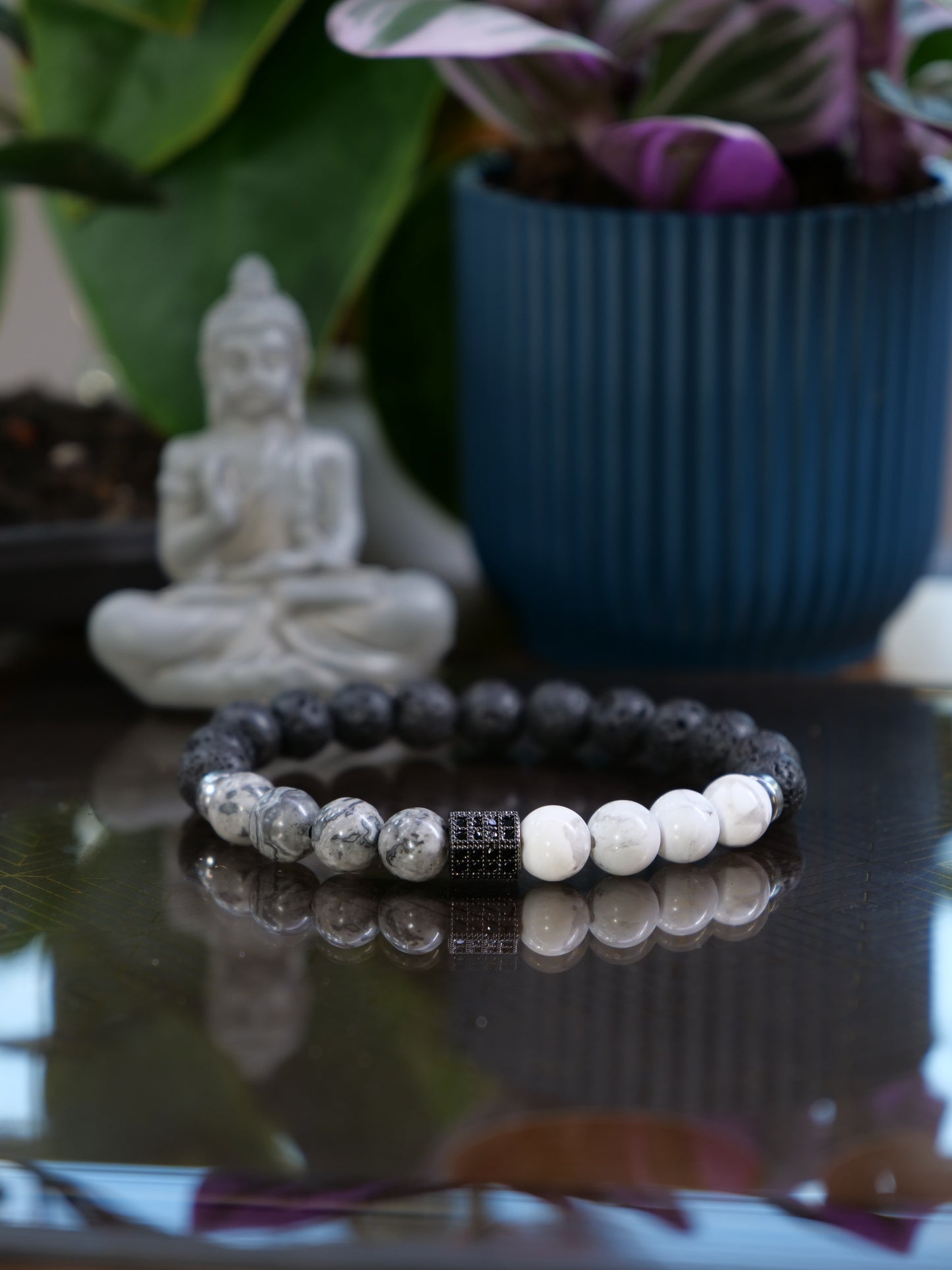 Lava Howlite Map Jasper 8mm Beaded Natural Gemstone Elastic Bracelet, Genuine Top Grade Gift Jewelry, Men Women Fashion Crystal Energy Jewellery