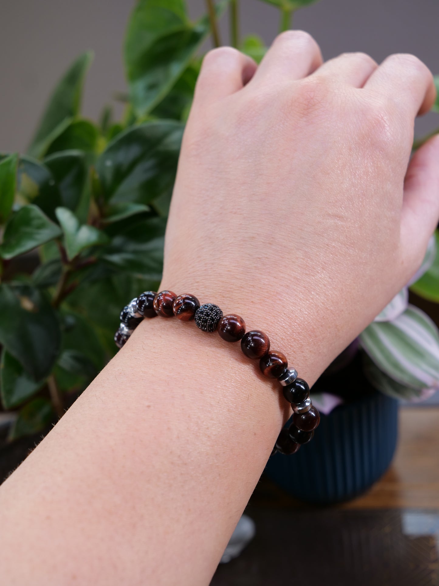Red Tigers Eye Black Tourmaline 8mm Beaded Natural Gemstone Elastic Bracelet, Genuine Top Grade Gift Jewelry, Men Women Fashion Crystal Energy Jewellery