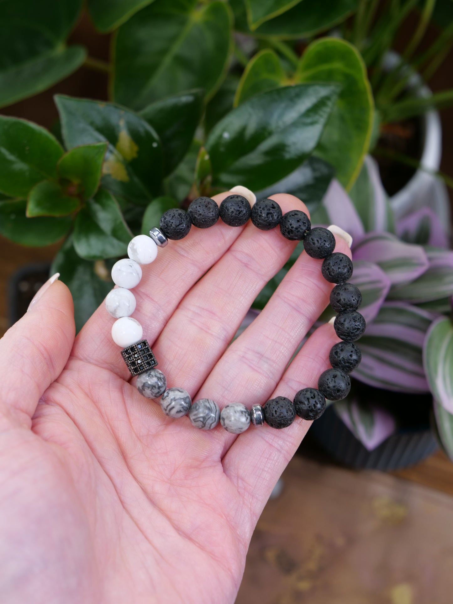 Lava Howlite Map Jasper 8mm Beaded Natural Gemstone Elastic Bracelet, Genuine Top Grade Gift Jewelry, Men Women Fashion Crystal Energy Jewellery