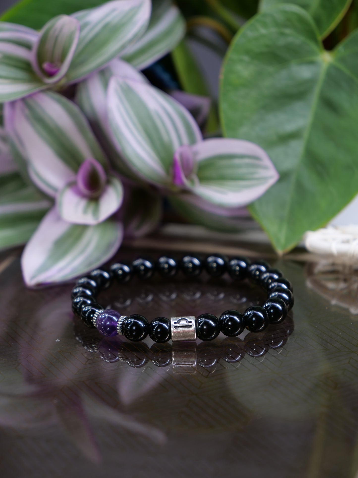 Zodiac Black Onyx Amethyst 8mm Beaded Natural Gemstone Elastic Bracelet, Genuine Top Grade Jewelry, Men Women Fashion Jewellery