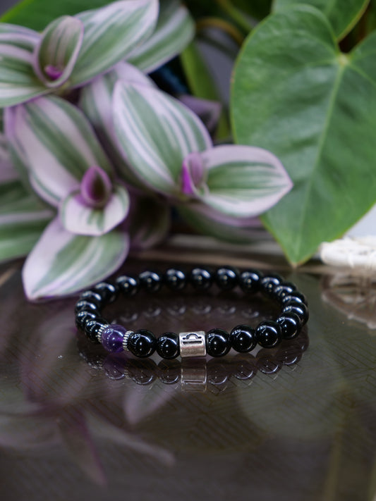 Zodiac Black Onyx Amethyst 8mm Beaded Natural Gemstone Elastic Bracelet, Genuine Top Grade Jewelry, Men Women Fashion Jewellery