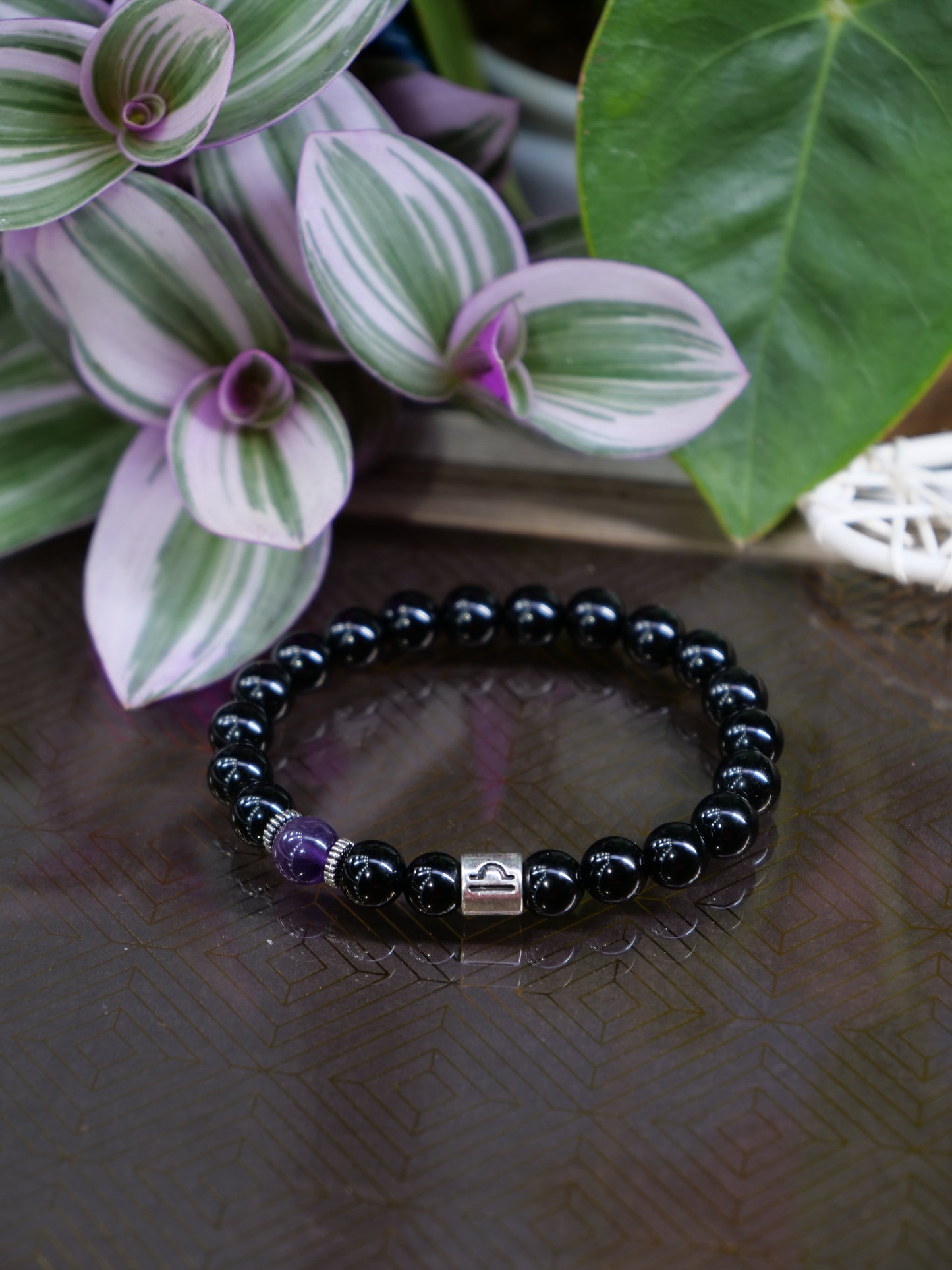 Zodiac Black Onyx Amethyst 8mm Beaded Natural Gemstone Elastic Bracelet, Genuine Top Grade Jewelry, Men Women Fashion Jewellery