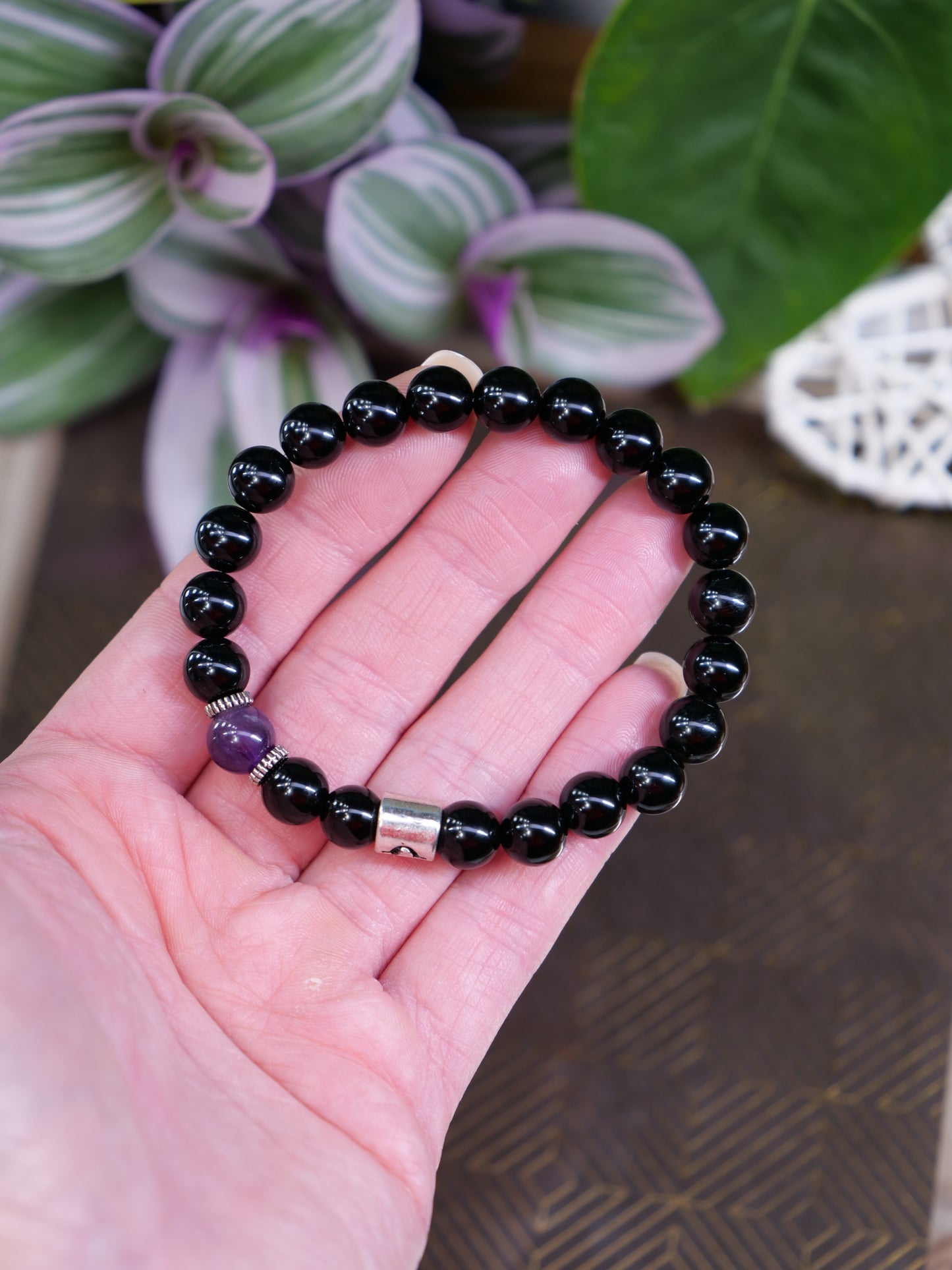 Zodiac Black Onyx Amethyst 8mm Beaded Natural Gemstone Elastic Bracelet, Genuine Top Grade Jewelry, Men Women Fashion Jewellery