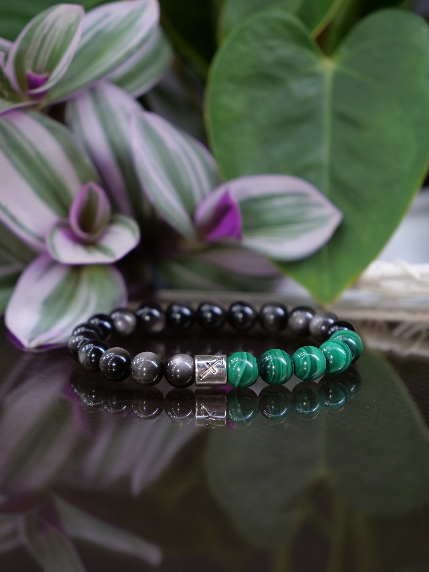Zodiac Malachite Obsidian Silver Sheen 8mm Beaded Natural Gemstone Elastic Bracelet, Genuine Top Grade Jewelry, Men Women Fashion Jewellery