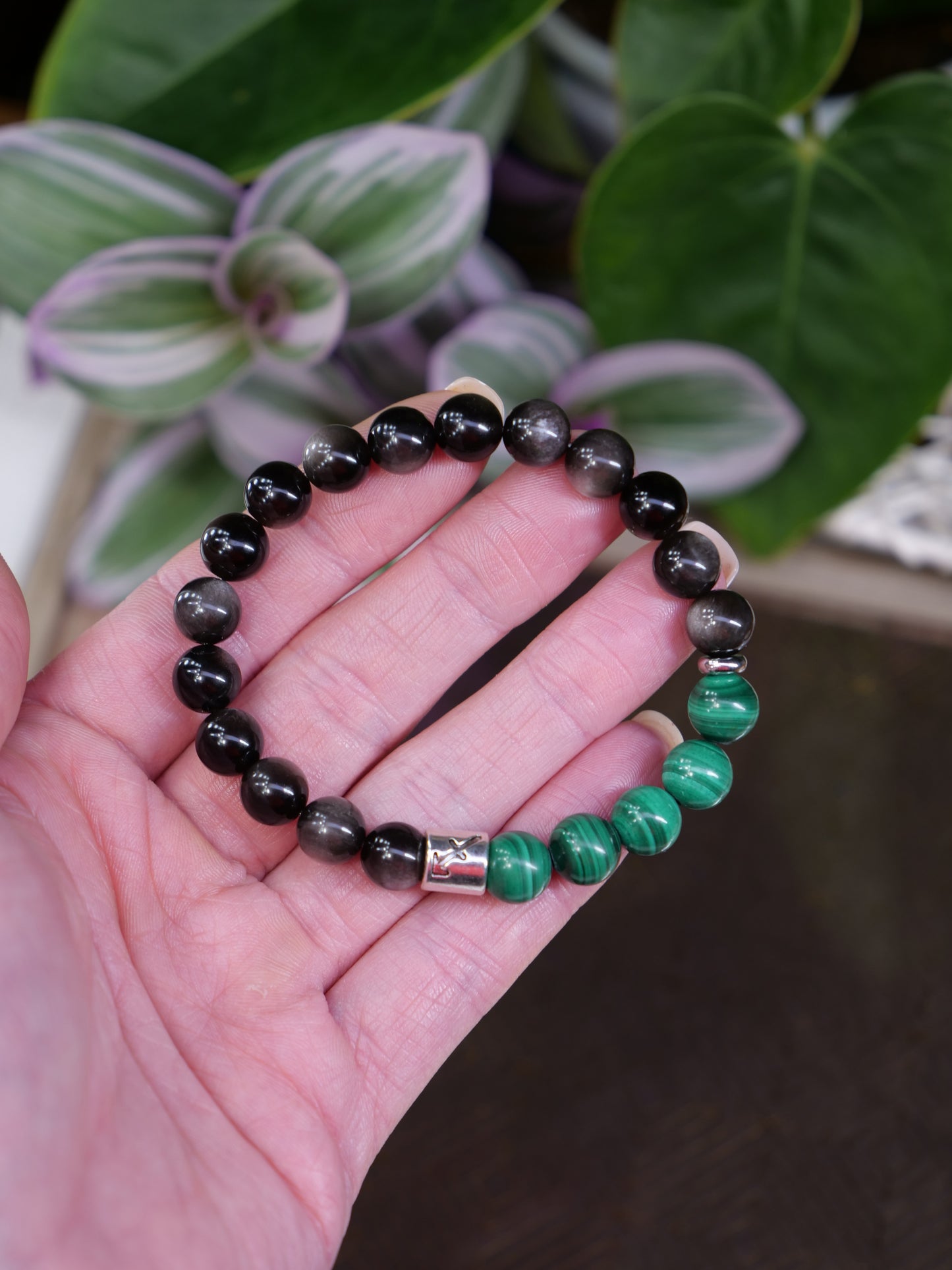 Zodiac Malachite Obsidian Silver Sheen 8mm Beaded Natural Gemstone Elastic Bracelet, Genuine Top Grade Jewelry, Men Women Fashion Jewellery