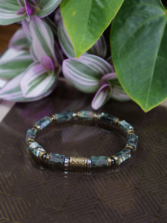 Seraphinite Raw Nugget Hematite Beaded Natural Gemstone Elastic Bracelet, Genuine Top Grade Gift Jewelry, Men Women Fashion Jewellery