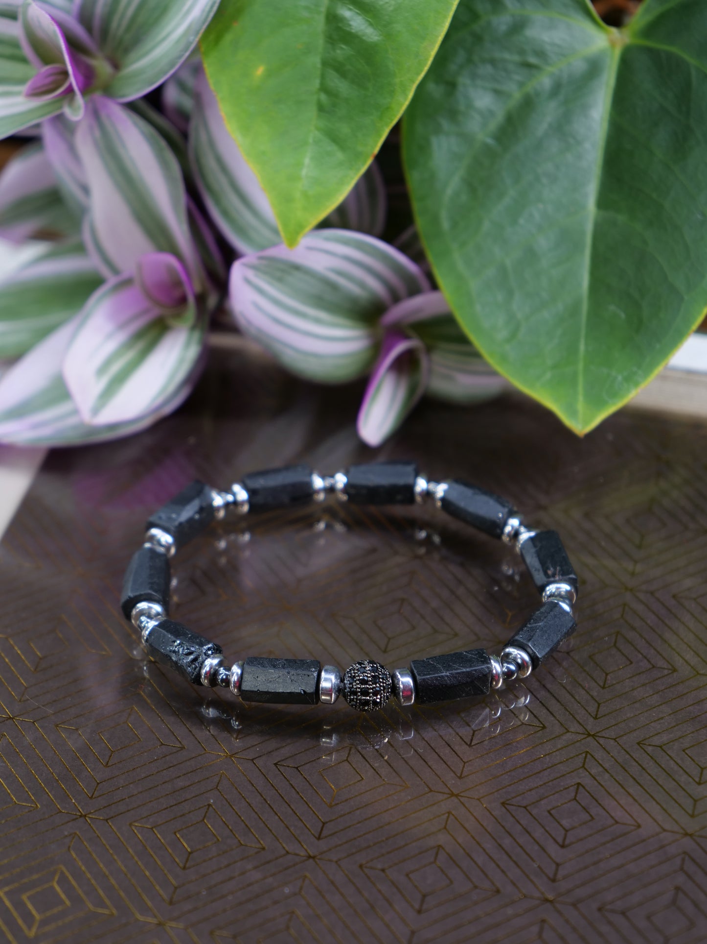 Black Tourmaline Raw Nugget Hematite Beaded Natural Gemstone Elastic Bracelet, Genuine Top Grade Gift Jewelry, Men Women Fashion Jewellery