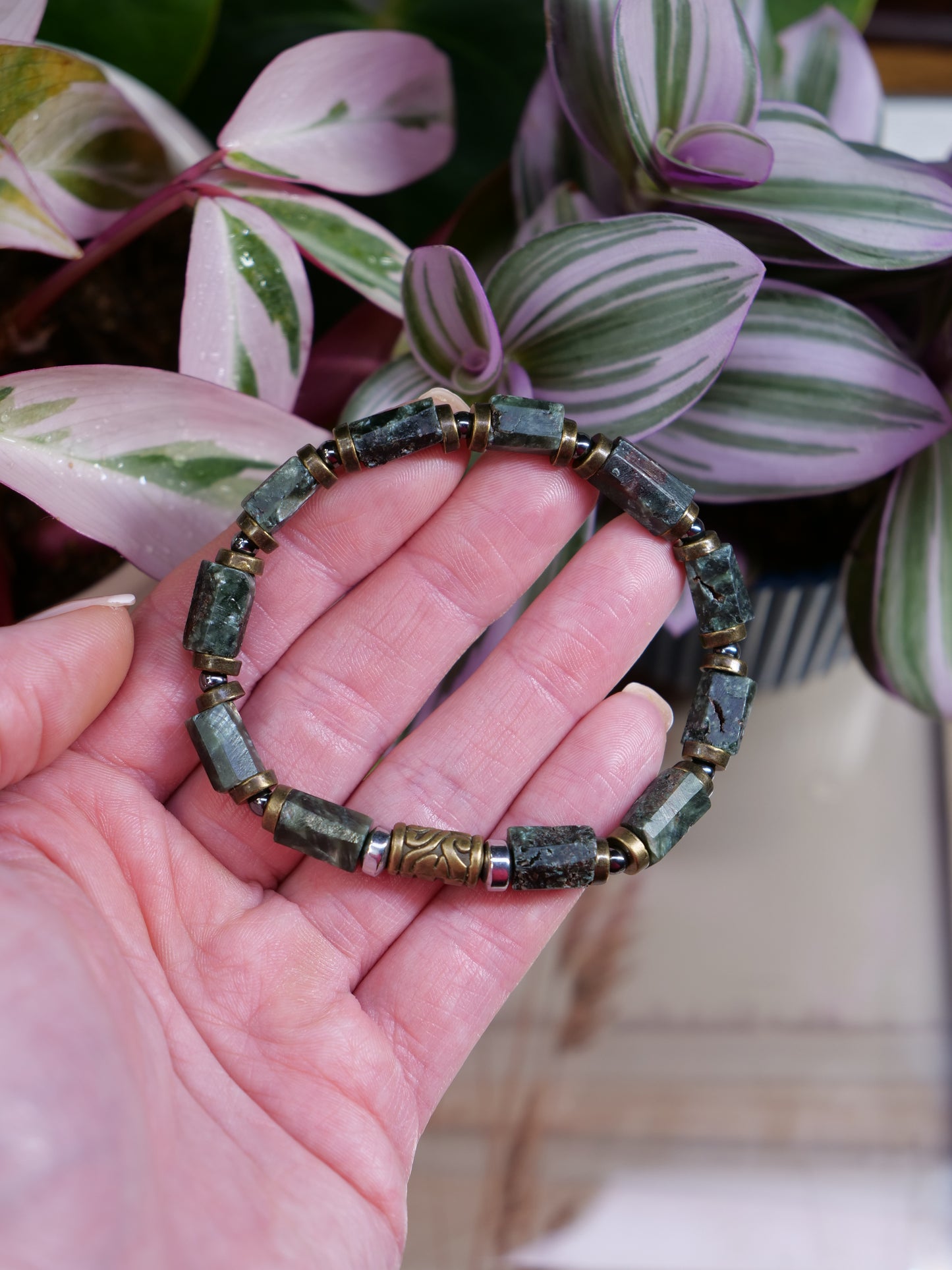 Seraphinite Raw Nugget Hematite Beaded Natural Gemstone Elastic Bracelet, Genuine Top Grade Gift Jewelry, Men Women Fashion Jewellery