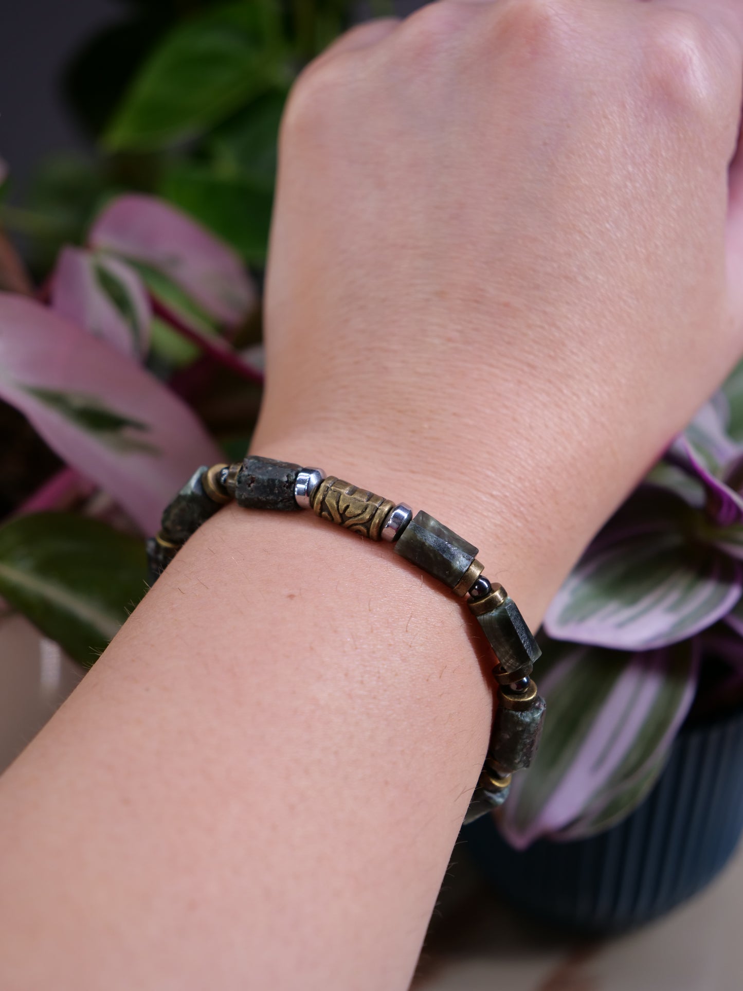 Seraphinite Raw Nugget Hematite Beaded Natural Gemstone Elastic Bracelet, Genuine Top Grade Gift Jewelry, Men Women Fashion Jewellery