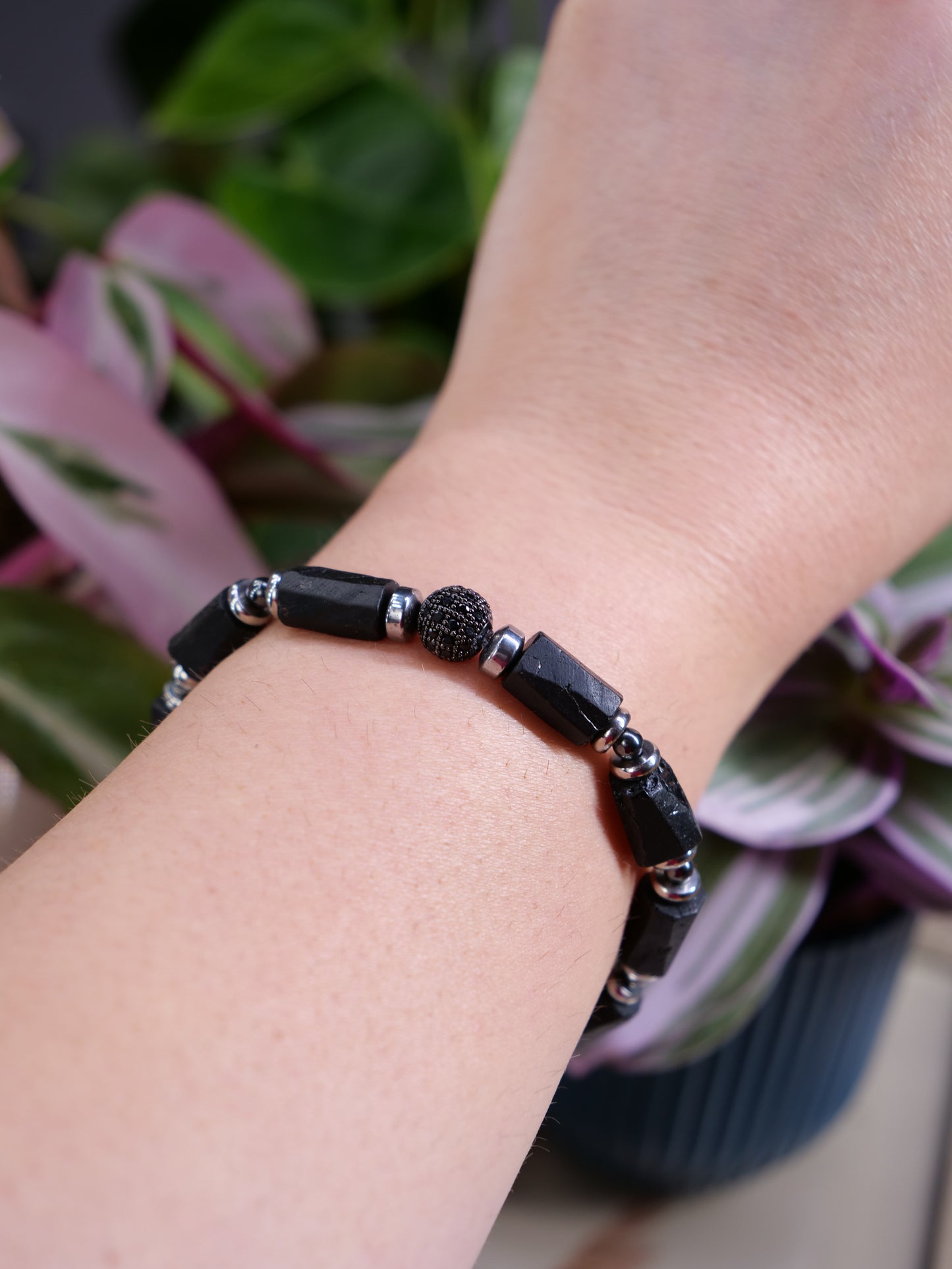 Black Tourmaline Raw Nugget Hematite Beaded Natural Gemstone Elastic Bracelet, Genuine Top Grade Gift Jewelry, Men Women Fashion Jewellery