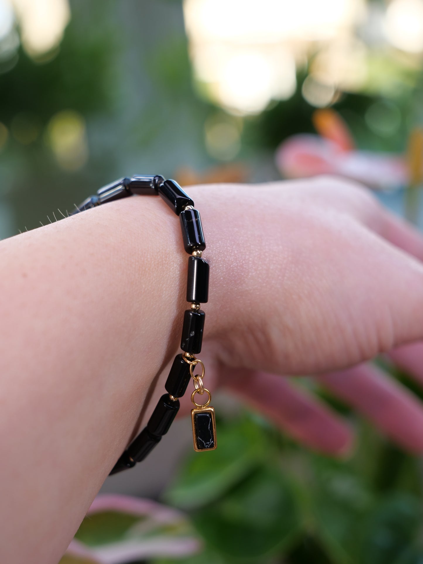 Agate Black 4mm Beaded Natural Gemstone 14ct Gold Filled Elastic Beaded Bracelet, Genuine Top Grade Gift Jewelry,