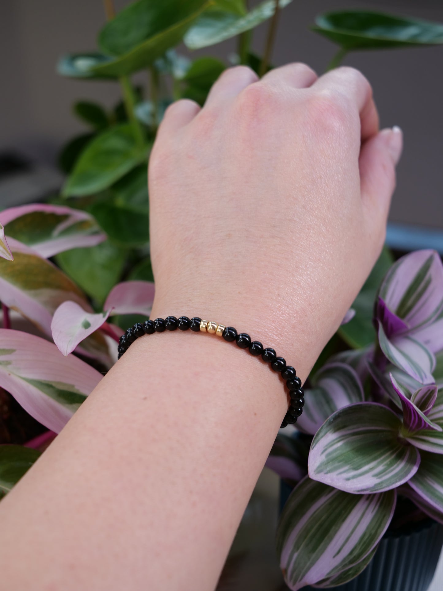 Tourmaline Black 4mm Beaded Natural Gemstone 14ct Gold Filled Sterling Silver Elastic Bracelet