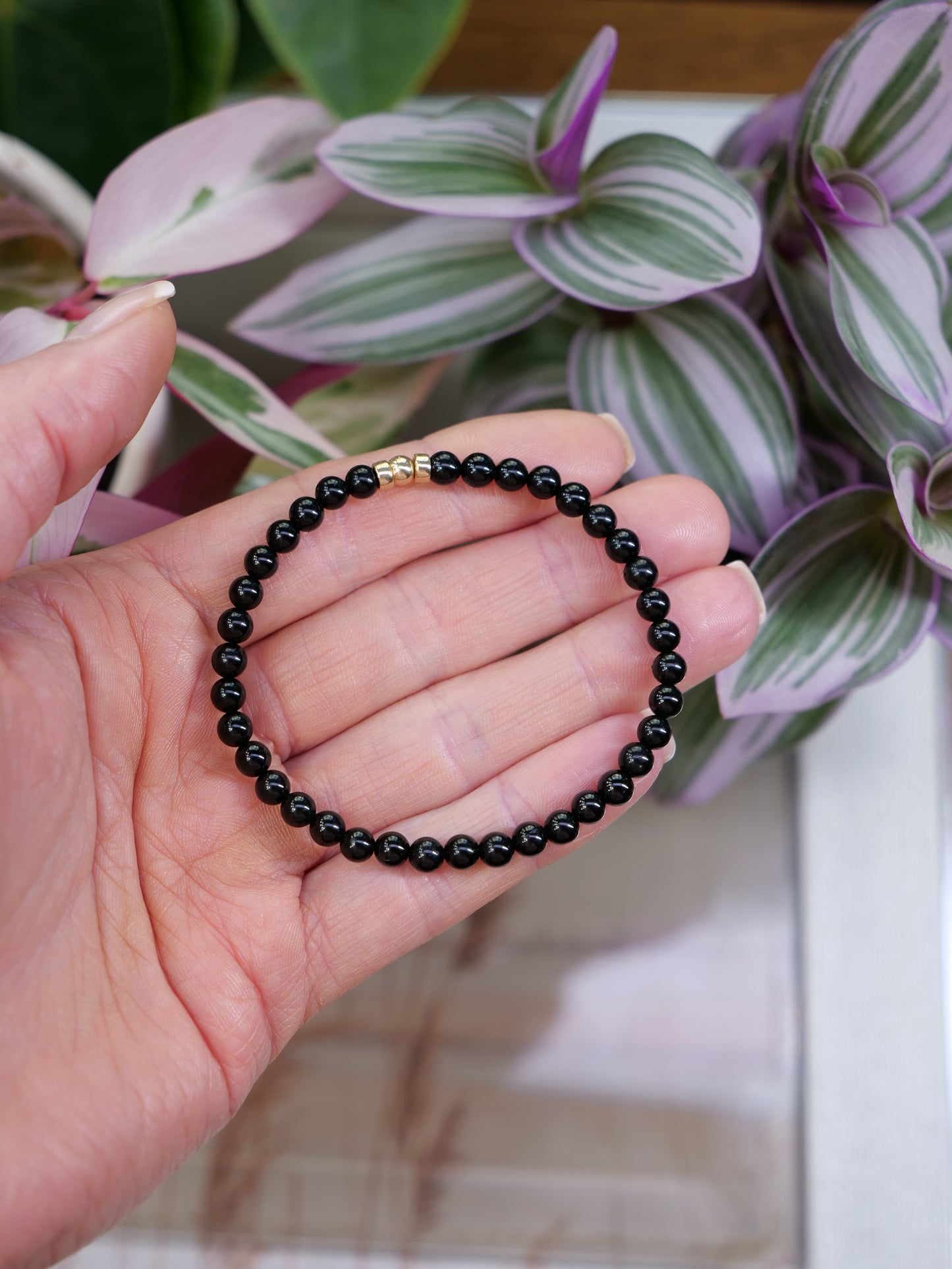 Tourmaline Black 4mm Beaded Natural Gemstone 14ct Gold Filled Sterling Silver Elastic Bracelet