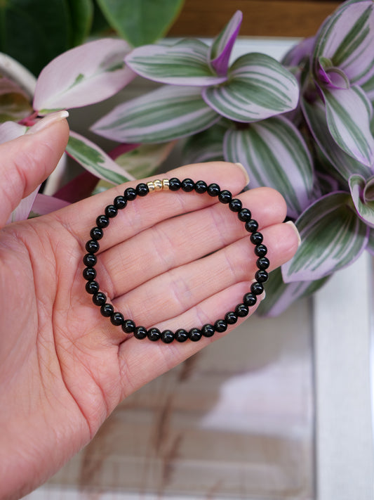 Tourmaline Black 4mm Beaded Natural Gemstone 14ct Gold Filled Sterling Silver Elastic Bracelet
