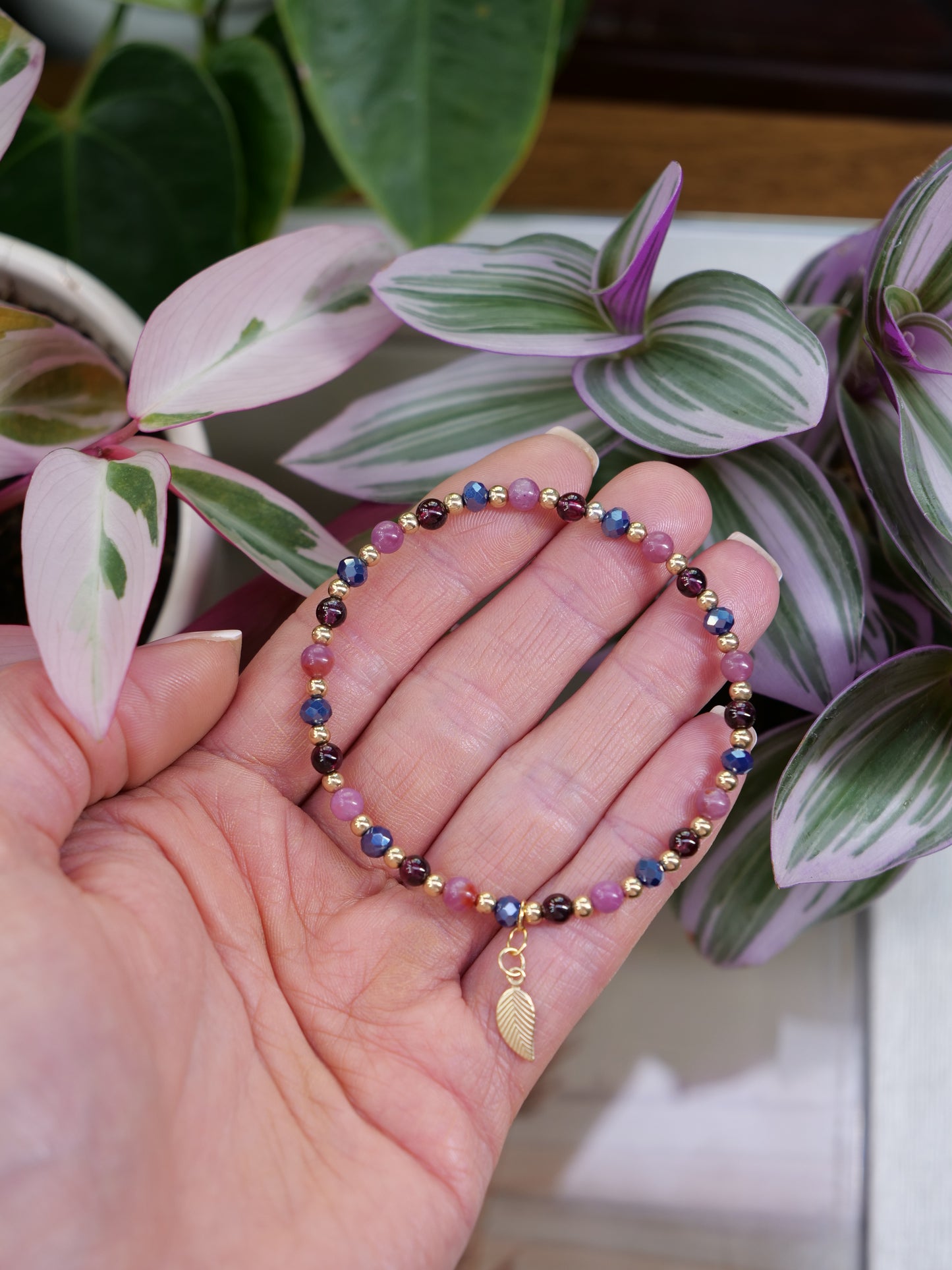 Ruby Rhodolite Garnet 4mm Beaded Natural Mix Gemstone 14ct Gold Filled Elastic Bracelet, Leaf charm bracelet, Multicolour boho bracelet