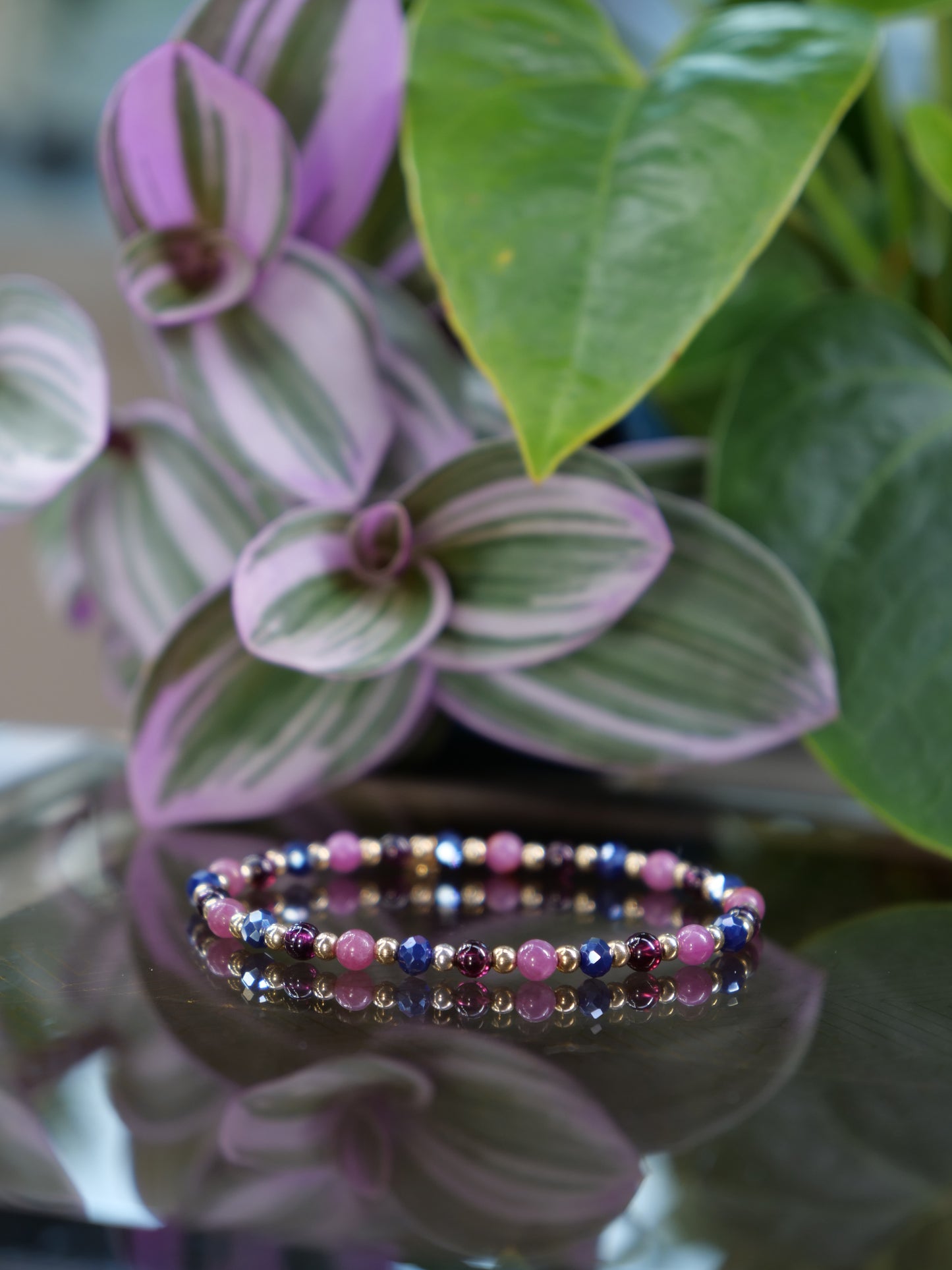 Ruby Rhodolite Garnet 4mm Beaded Natural Mix Gemstone 14ct Gold Filled Elastic Bracelet, Leaf charm bracelet, Multicolour boho bracelet