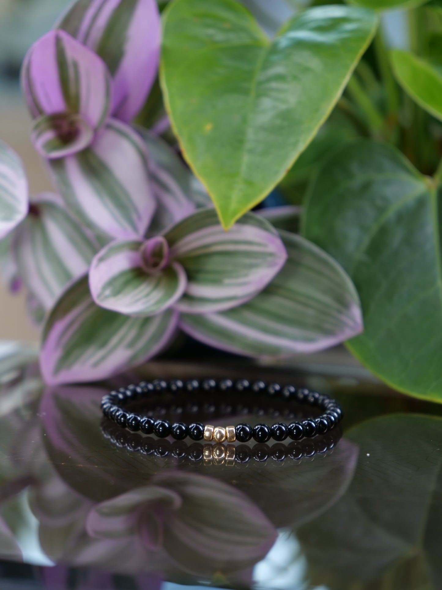 Tourmaline Black 4mm Beaded Natural Gemstone 14ct Gold Filled Sterling Silver Elastic Bracelet