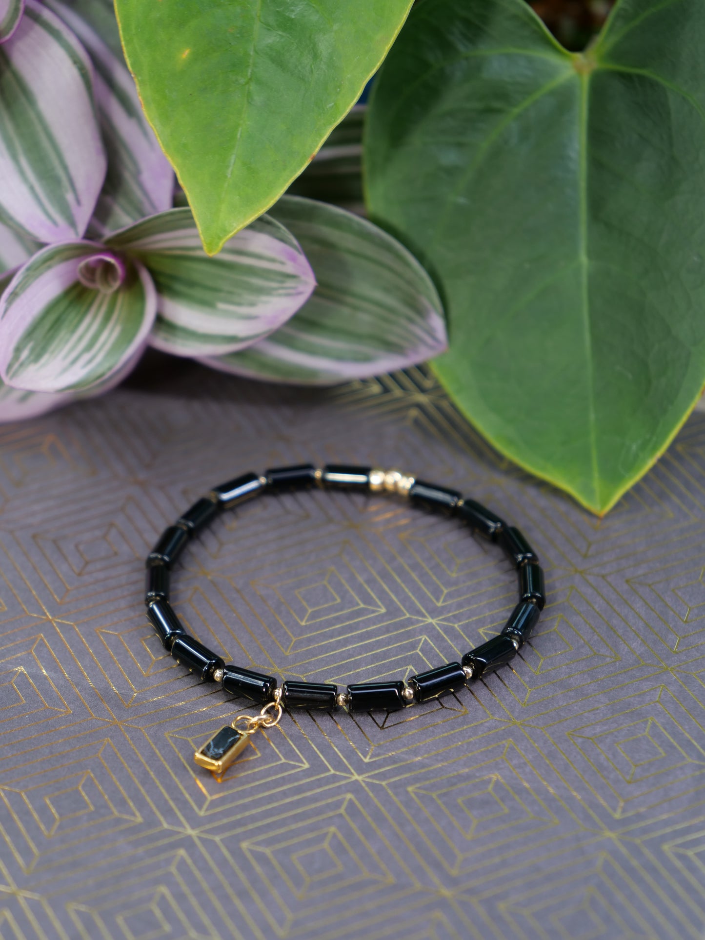 Agate Black 4mm Beaded Natural Gemstone 14ct Gold Filled Elastic Beaded Bracelet, Genuine Top Grade Gift Jewelry,