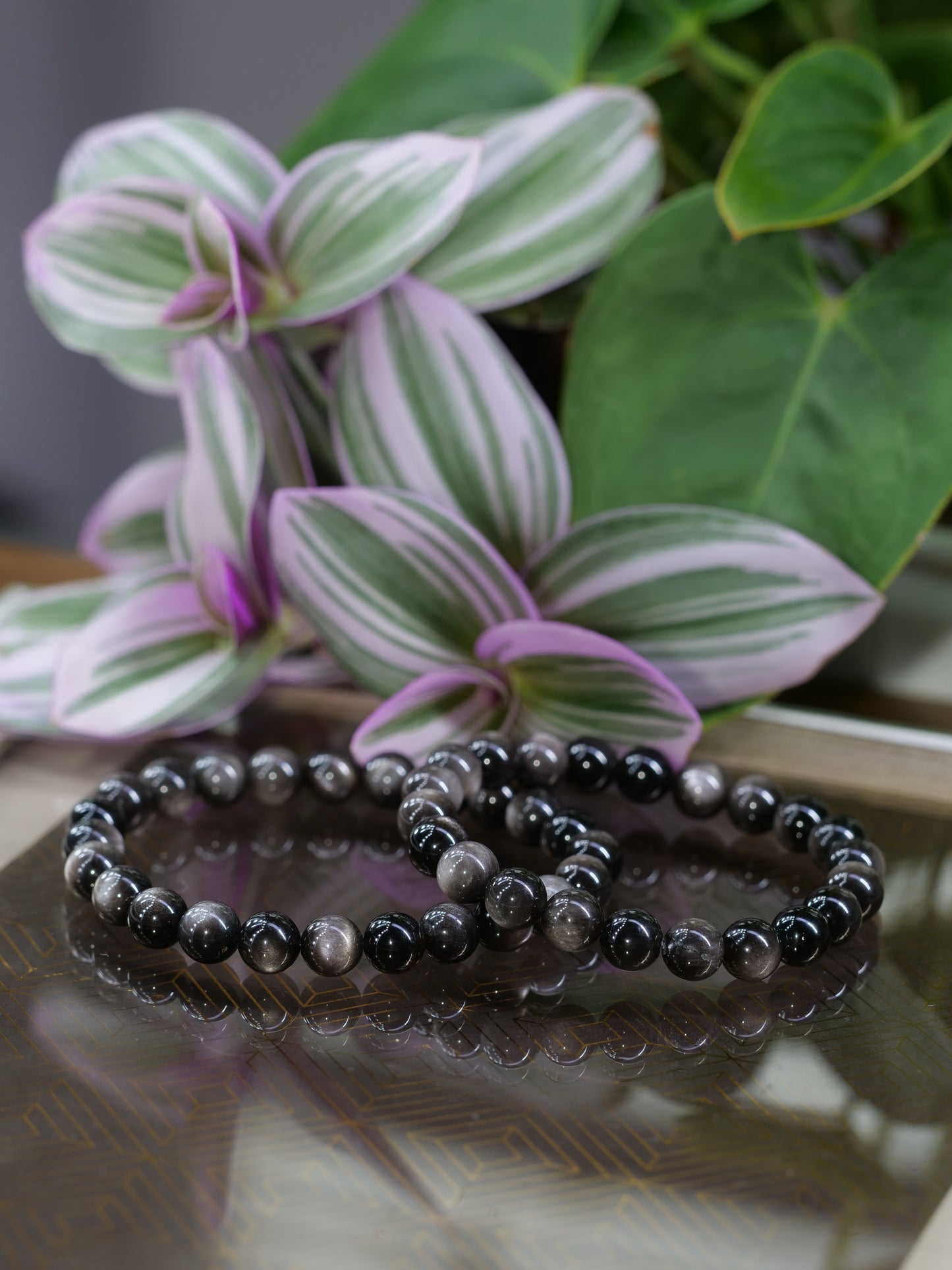 Silver Sheen Obsidian 8mm Beaded Natural Gemstone Elastic Bracelet, Genuine Top Grade Gift Jewelry, Men Women Fashion Crystal Energy Jewellery