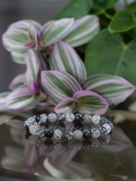 Black Rutilated Quartz 8mm Beaded Natural Gemstone Elastic Bracelet, Genuine Top Grade Gift Jewelry, Men Women Fashion Crystal Energy Jewellery