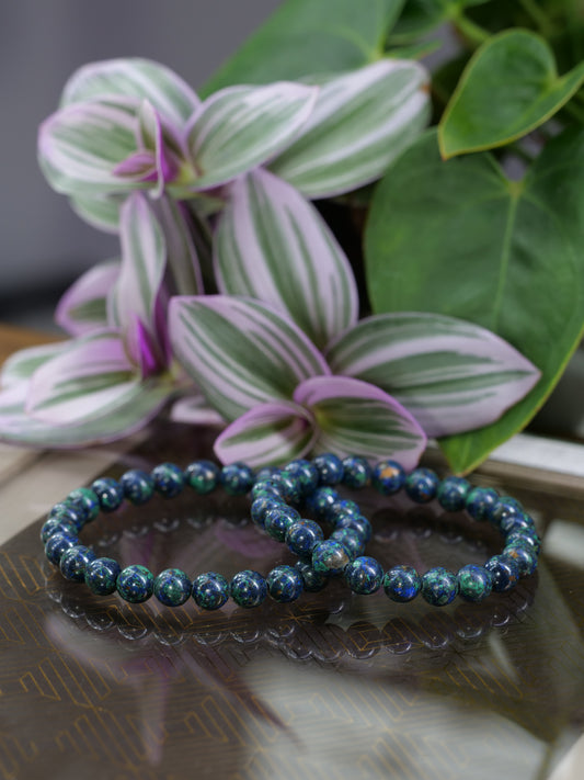 Azurite 8mm Beaded Natural Gemstone Elastic Bracelet, Genuine Top Grade Gift Jewelry, Men Women Fashion Crystal Energy Jewellery