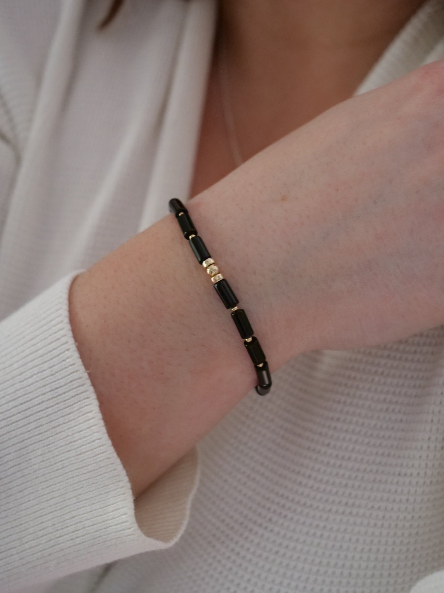 Agate Black 4mm Beaded Natural Gemstone 14ct Gold Filled Elastic Beaded Bracelet, Genuine Top Grade Gift Jewelry,