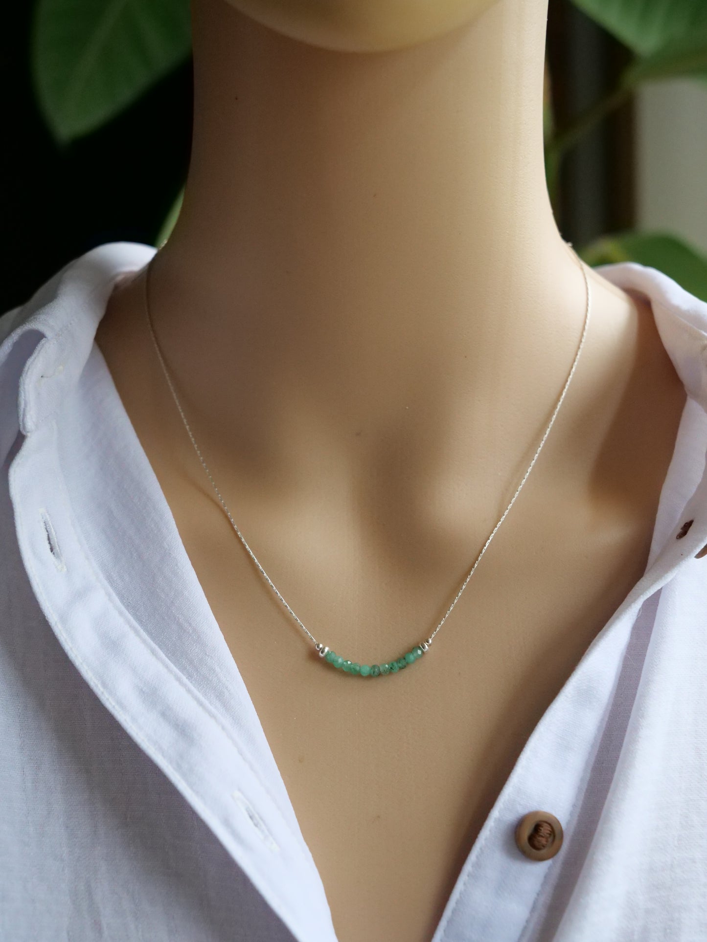Emerald 3mm Natural Gemstone Sterling Silver Dainty Necklace, Genuine Top Grade Gift Jewelry, Women Crystal Energy Jewellery