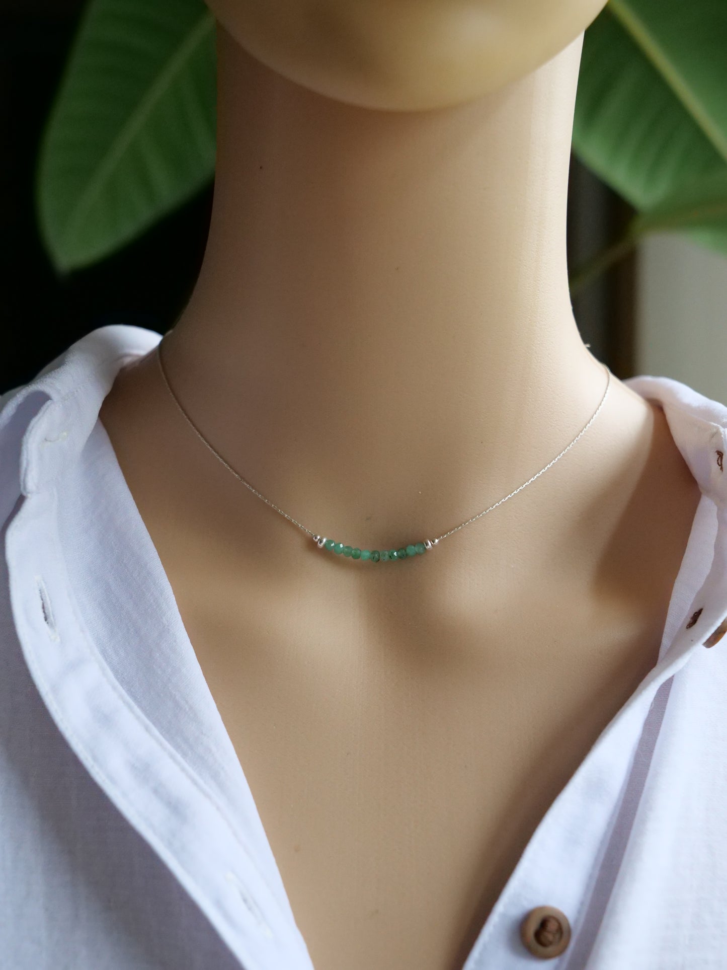 Emerald 3mm Natural Gemstone Sterling Silver Dainty Necklace, Genuine Top Grade Gift Jewelry, Women Crystal Energy Jewellery