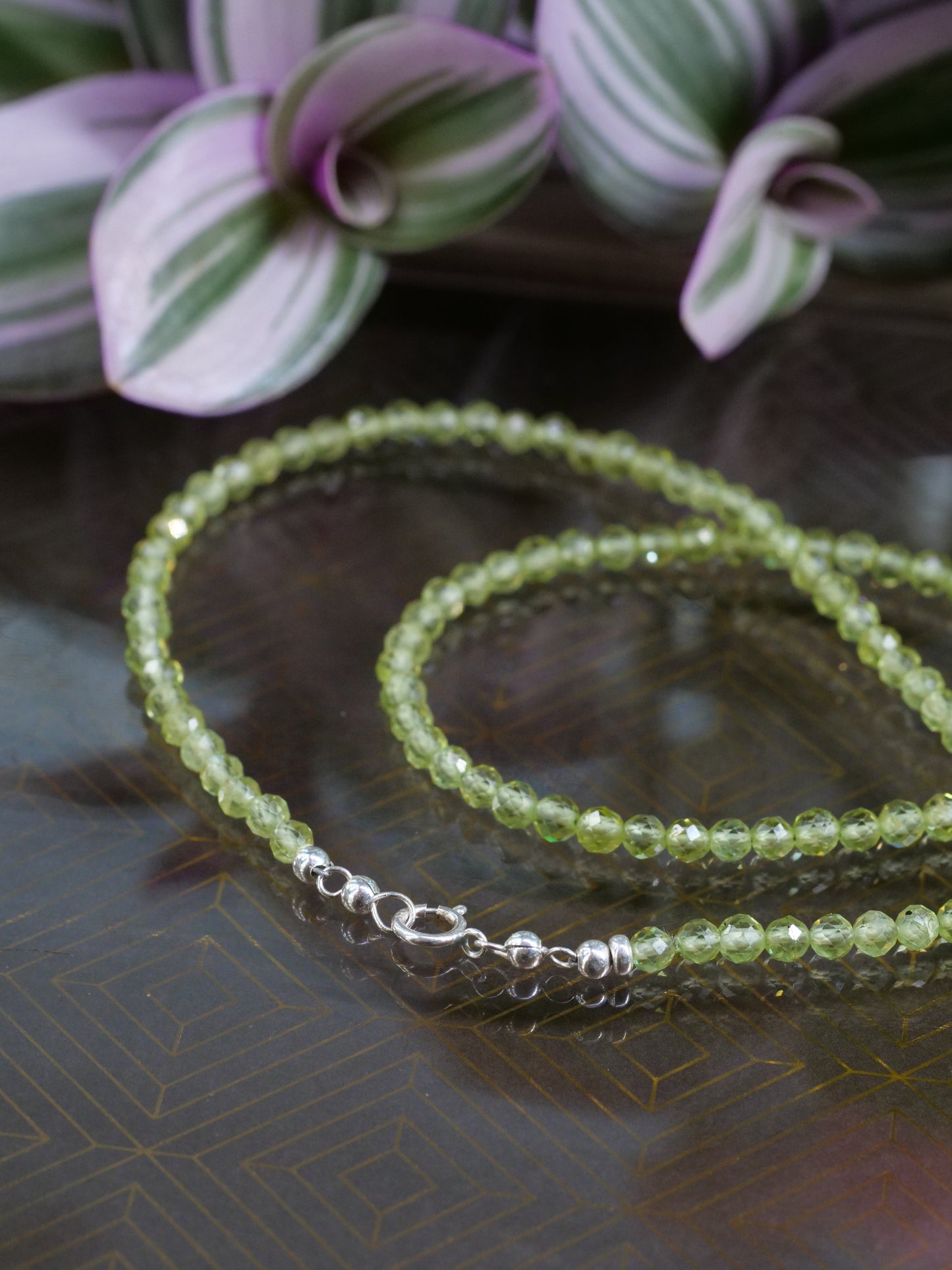 Peridot 3.5mm Beaded Natural Gemstone Sterling Silver Necklace, Genuine Top Grade Gift Jewelry, Women Fashion Jewellery