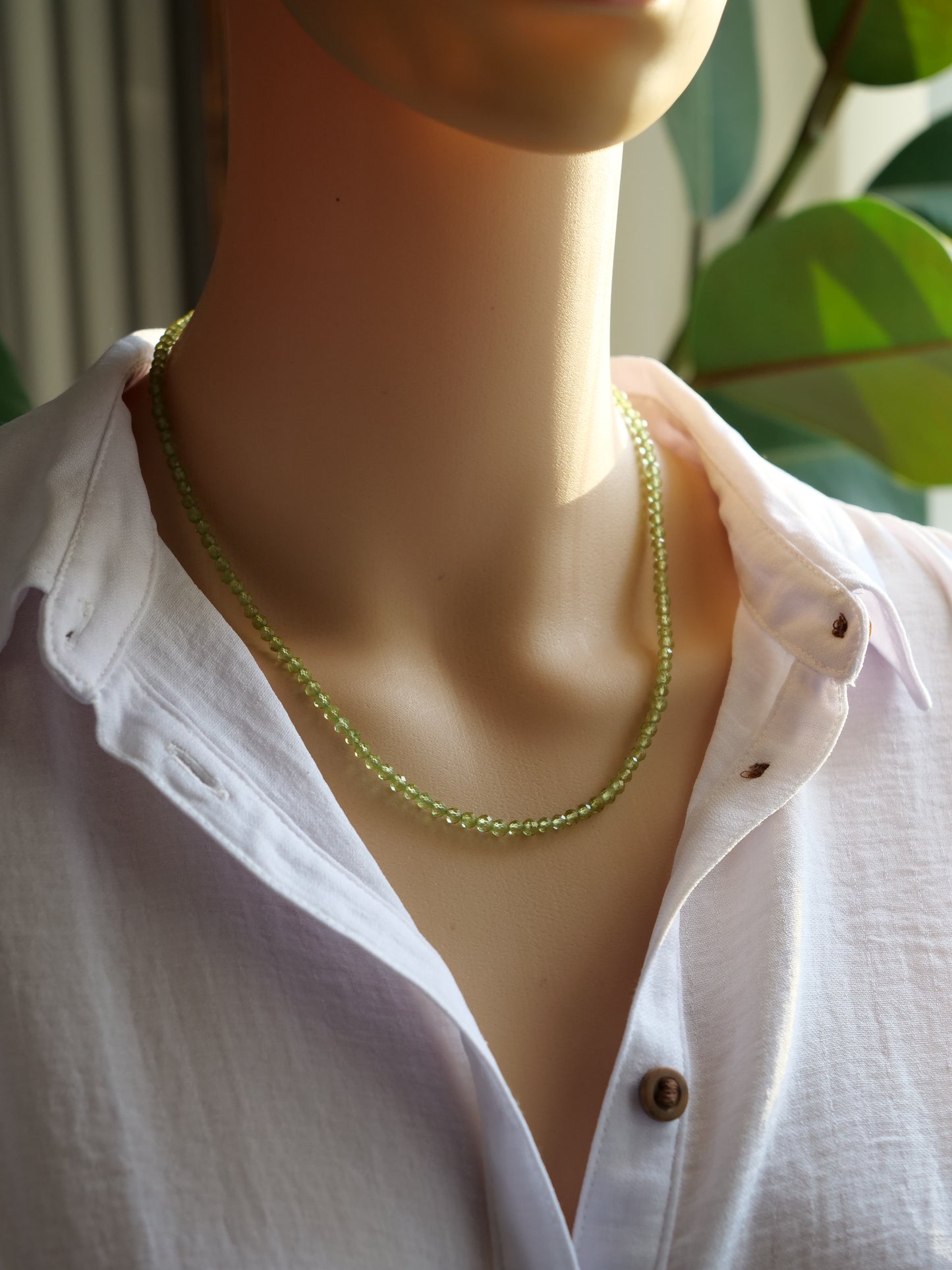 Peridot 3.5mm Beaded Natural Gemstone Sterling Silver Necklace, Genuine Top Grade Gift Jewelry, Women Fashion Jewellery