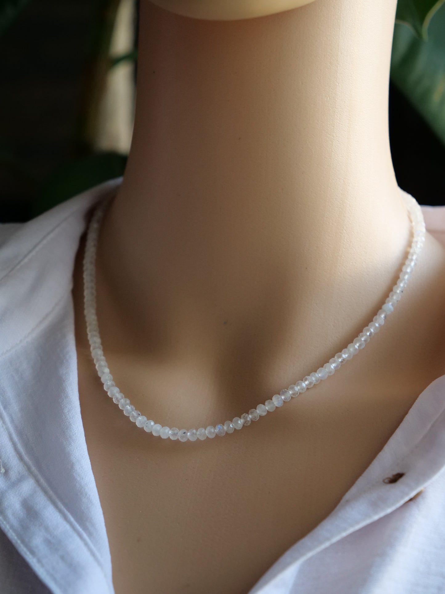 Moonstone Rainbow 4mm Beaded Natural Gemstone Sterling Silver Necklace, Genuine Top Grade Gift Jewelry, Women Fashion Jewellery