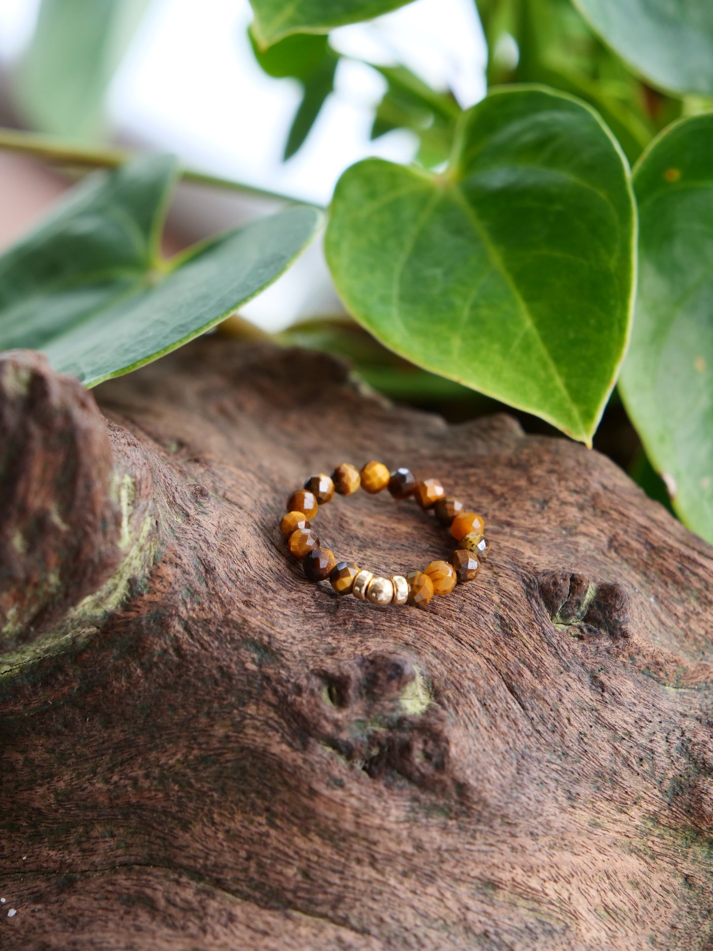 Tiger Eye 3mm Beaded Natural Gemstone Sterling Silver / 14ct Gold Filled Elastic Ring, Genuine Top Grade Gift Jewelry, Women Jewellery (Copy)