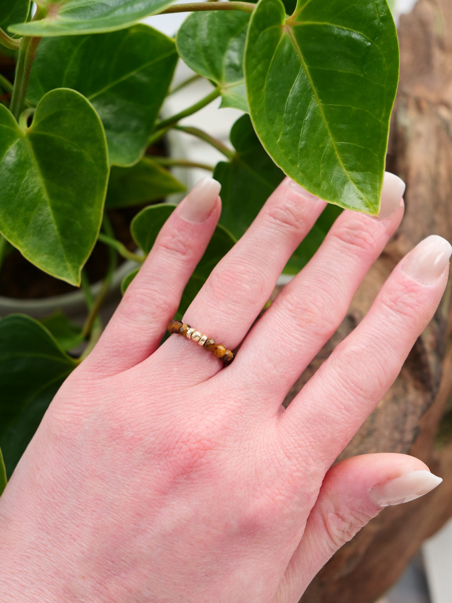 Tiger Eye 3mm Beaded Natural Gemstone Sterling Silver / 14ct Gold Filled Elastic Ring, Genuine Top Grade Gift Jewelry, Women Jewellery (Copy)