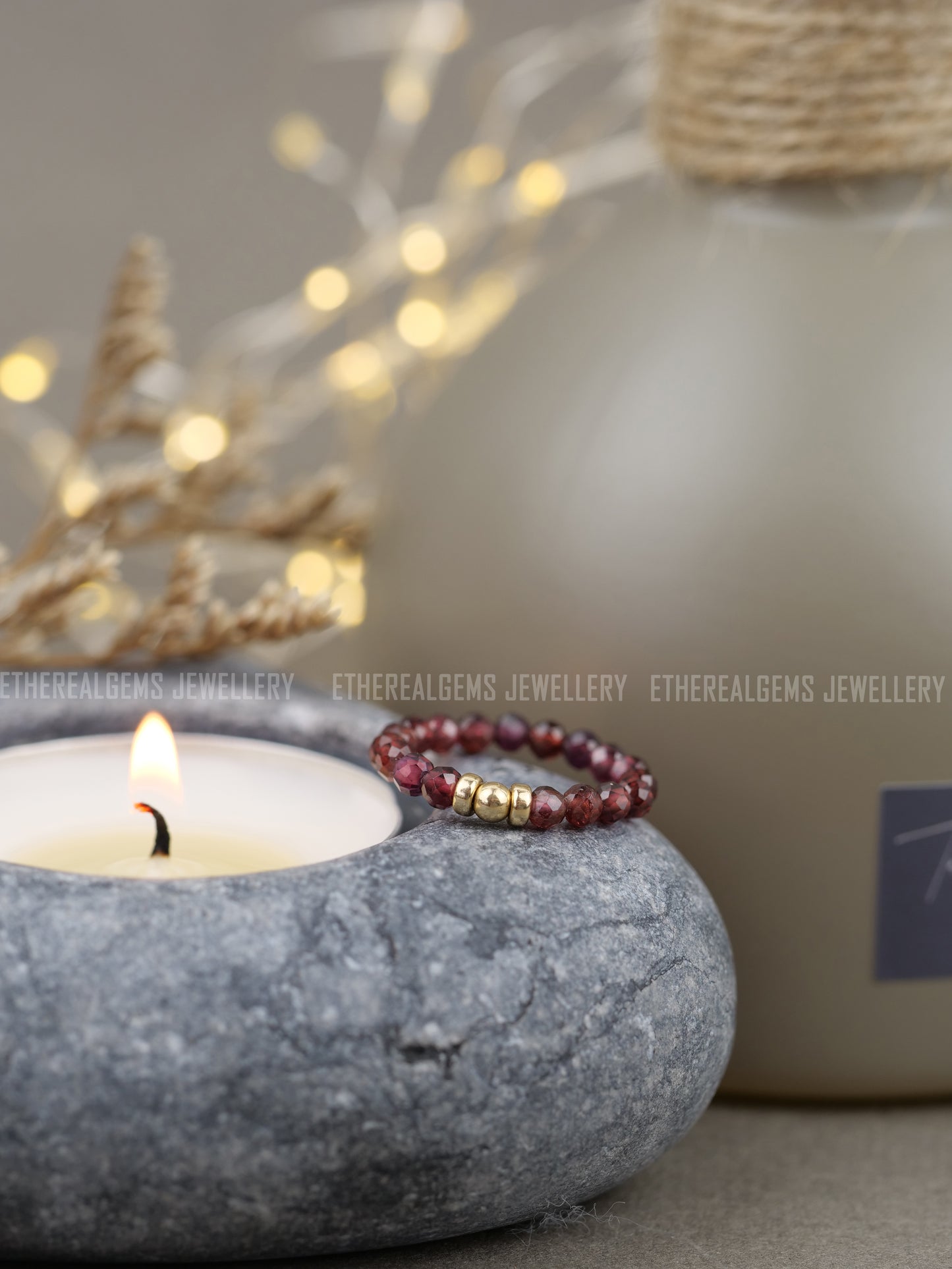 Pyrope Garnet 3mm Beaded Natural Gemstone Sterling Silver/14ct Gold Filled Elastic Ring, Genuine Top Grade Gift Jewelry, Women Jewellery