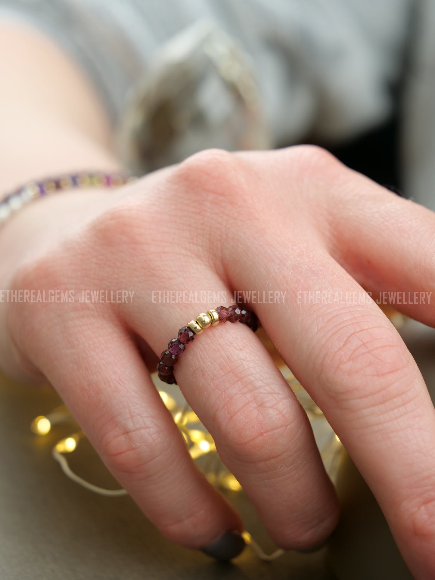 Pyrope Garnet 3mm Beaded Natural Gemstone Sterling Silver/14ct Gold Filled Elastic Ring, Genuine Top Grade Gift Jewelry, Women Jewellery