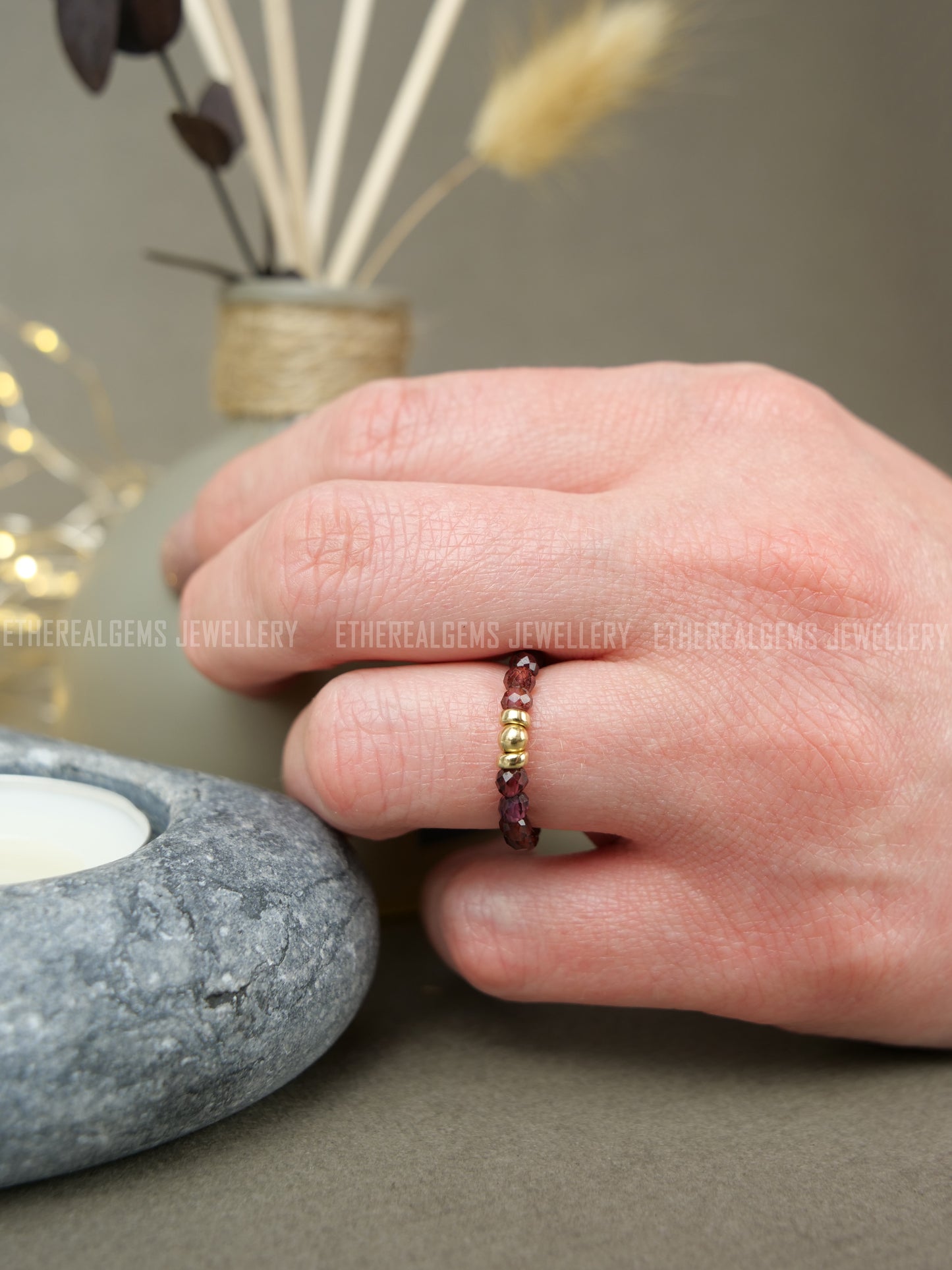 Pyrope Garnet 3mm Beaded Natural Gemstone Sterling Silver/14ct Gold Filled Elastic Ring, Genuine Top Grade Gift Jewelry, Women Jewellery