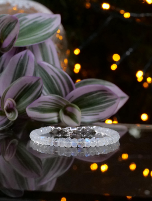 Moonstone 4 - 6 mm Beaded Natural Gemstone Sterling Silver / 14ct Gold Filled Elastic Bracelet, Genuine Top Grade Gift , June Birthstone