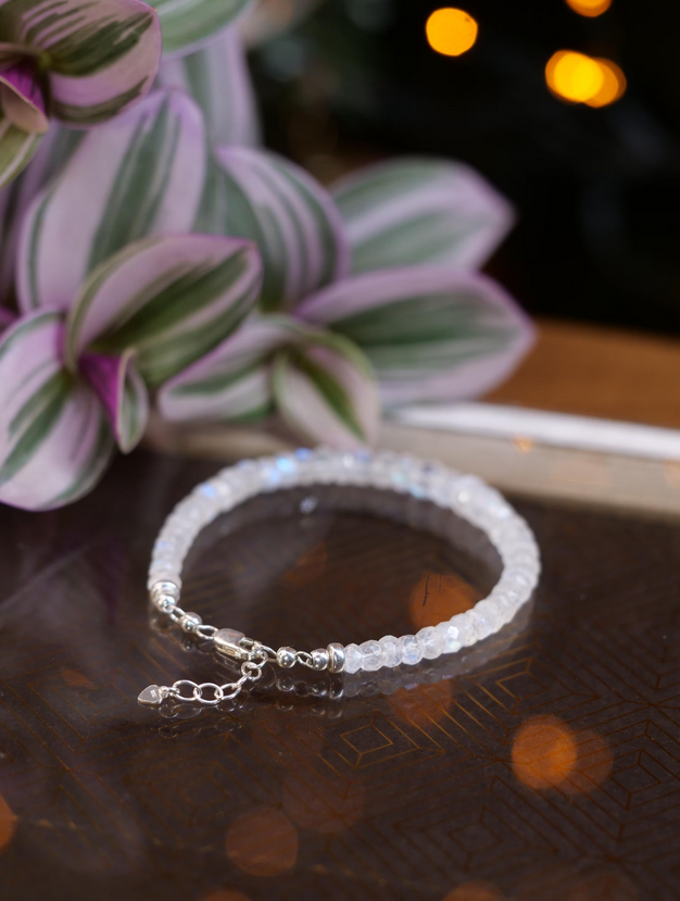 Moonstone 4 - 6 mm Beaded Natural Gemstone Sterling Silver / 14ct Gold Filled Elastic Bracelet, Genuine Top Grade Gift , June Birthstone