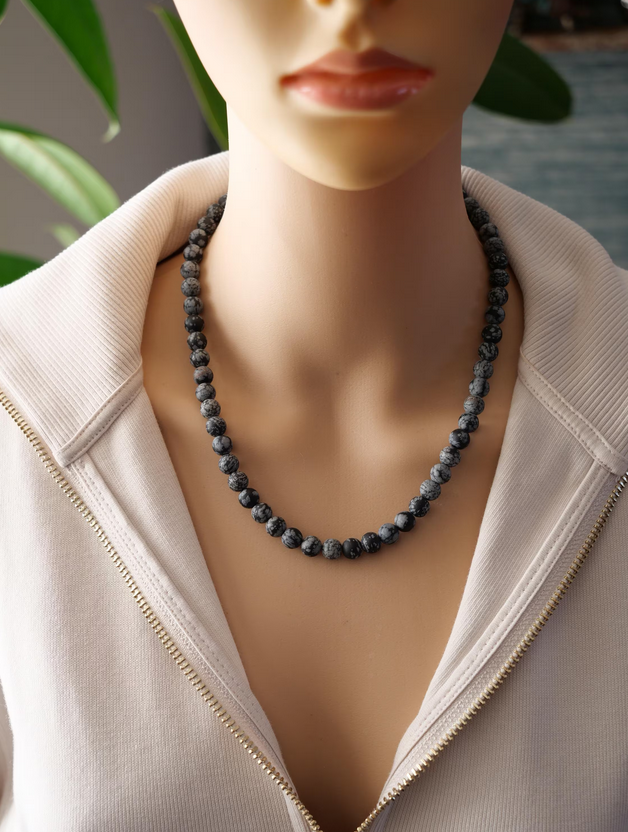 Black Snowflake Obsidian 8mm Beaded Natural Gemstone Sterling Silver Necklace, Genuine Top Grade Gift Jewelry, Women Men Fashion Jewellery