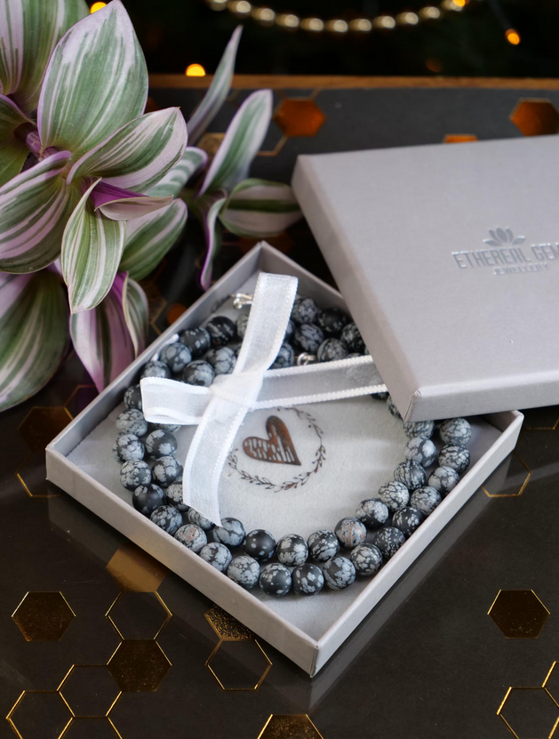 Black Snowflake Obsidian 8mm Beaded Natural Gemstone Sterling Silver Necklace, Genuine Top Grade Gift Jewelry, Women Men Fashion Jewellery