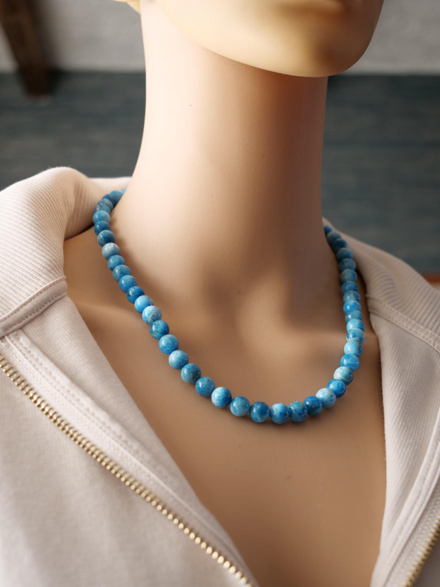 Blue Apatite 8mm Beaded Natural Gemstone Sterling Silver Necklace, Genuine Top Grade Gift Jewelry, Women Men Fashion Crystal Jewellery